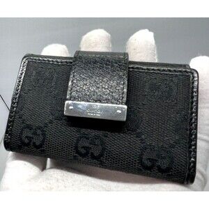 CLEAN GUCCI GG Logo Metal Plate Black Canvas 6 slot Ring Key Case leather trim
